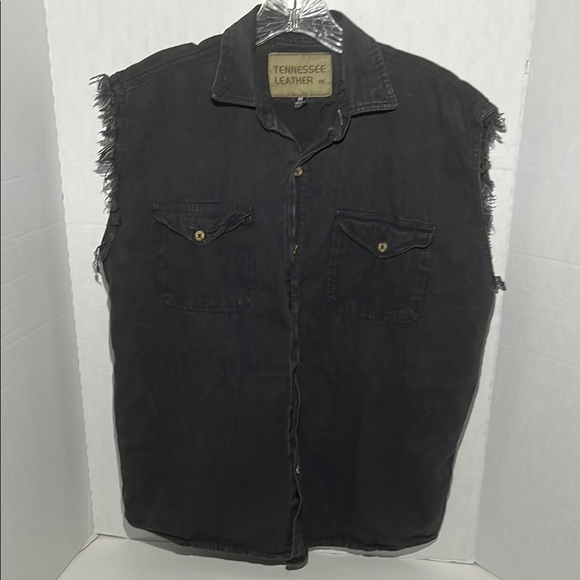 Black Distressed Denim biker Vest - Picture 3 of 4